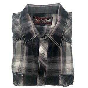 Rock & Roll Cowboy Sawtooth Pearl Snap Shirt Men's Large Black Gray Plaid